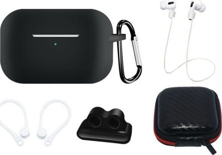 Set aksesorësh për kufje Apple AirPods Pro, mbulesë silikoni me karabiner, grepë për vesh dhe rrip qafe, i zi dhe i bardhë