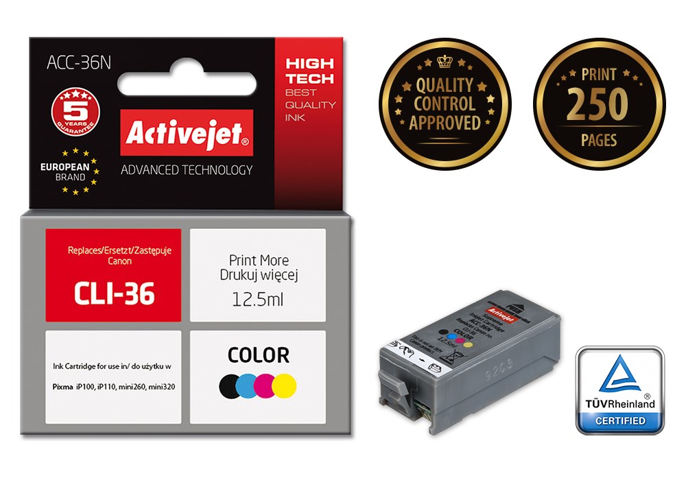 Ngjyrë për printer Activejet ACC-36N (zëvendësim për Canon PGI-36), 12.5 ml, e zezë / e kaltër / vjollcë / e verdhë
