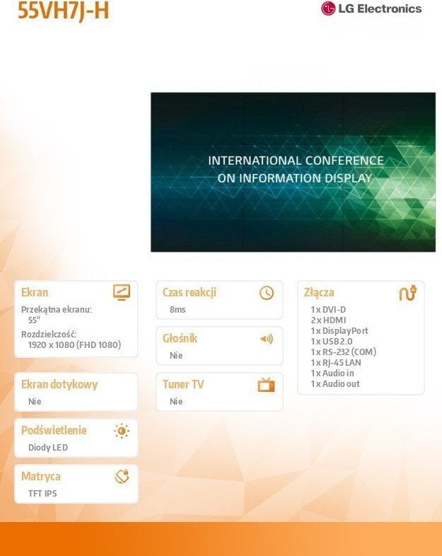 Monitor LG 55VH7J-H, 55'', 60Hz, Class G, 1920 x 1080 (FullHD), IPS, x2 DisplayPort, x1 DVI, x2 HDMI, i zi