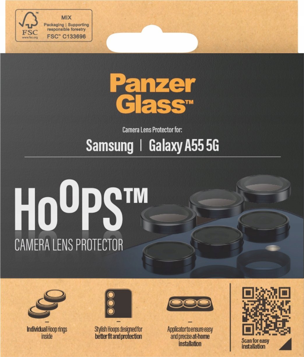 Mbrojtës lente PanzerGlass Samsung Galaxy A55 Hoops, set unazash, i zi