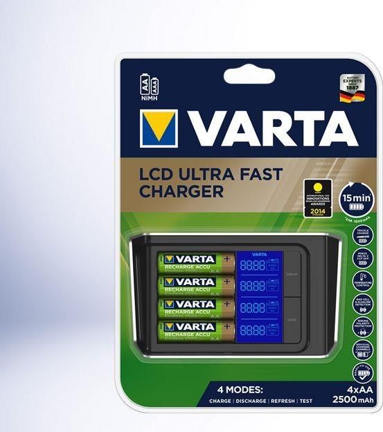 Varta LCD Ultra Fast Charger+ полнач за батерии, вкл. 4x AA, 2100 mAh