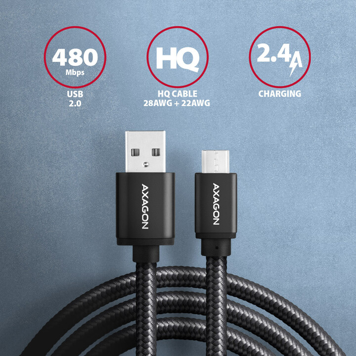 Kabllo AXAGON USB-A - micro USB2.0 HQ, 2.4A, 1.5m, e zezë