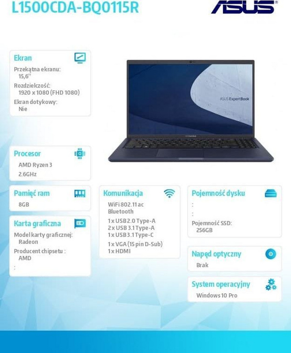 Laptop Asus ExpertBook L1 L1500CDA, 15.6", Full HD, AMD Ryzen 3, 8 GB RAM, SSD 256 GB, Windows 10 Pro, i kaltër