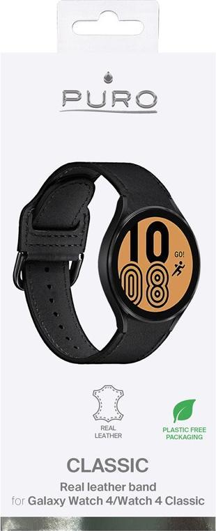 Rrip dore Puro Classic Leather Band për Samsung Galaxy Watch 4 dhe Watch 4 Classic, lëkurë natyrale, i zi