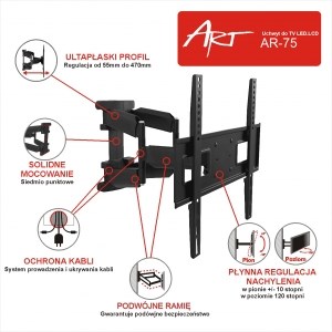 Mbajtëse TV ART AR-75, 23-65", 50kg, VESA 400x400, Double Arm, e zezë