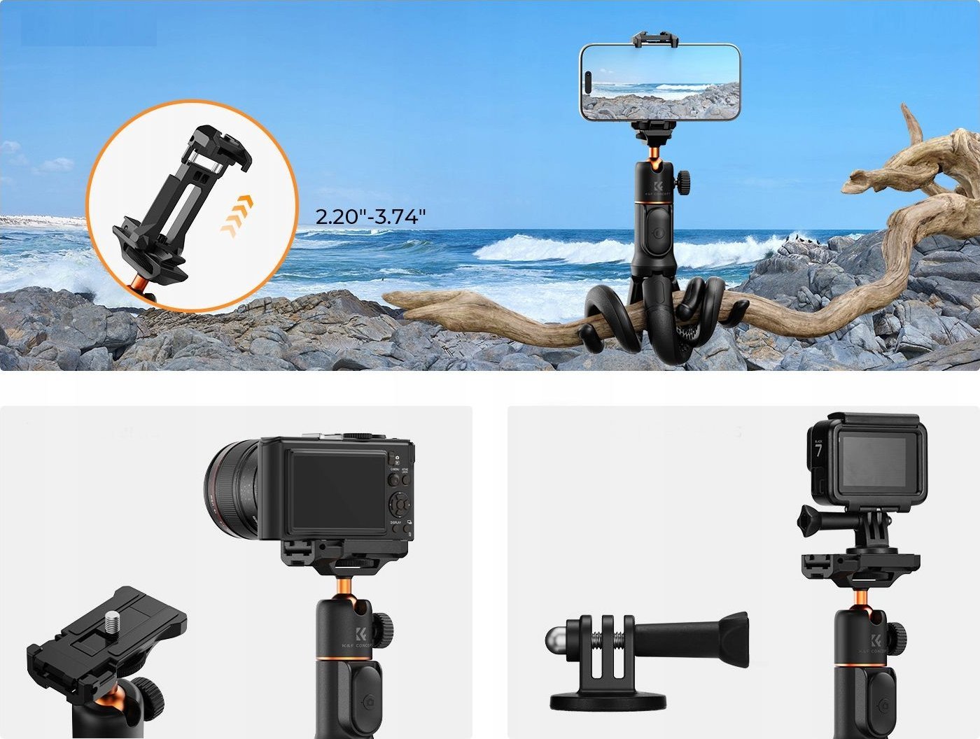 Флексибилен трипод К&amp;F Concept MS29, со далечински управувач, универзален за камери и телефони, црн