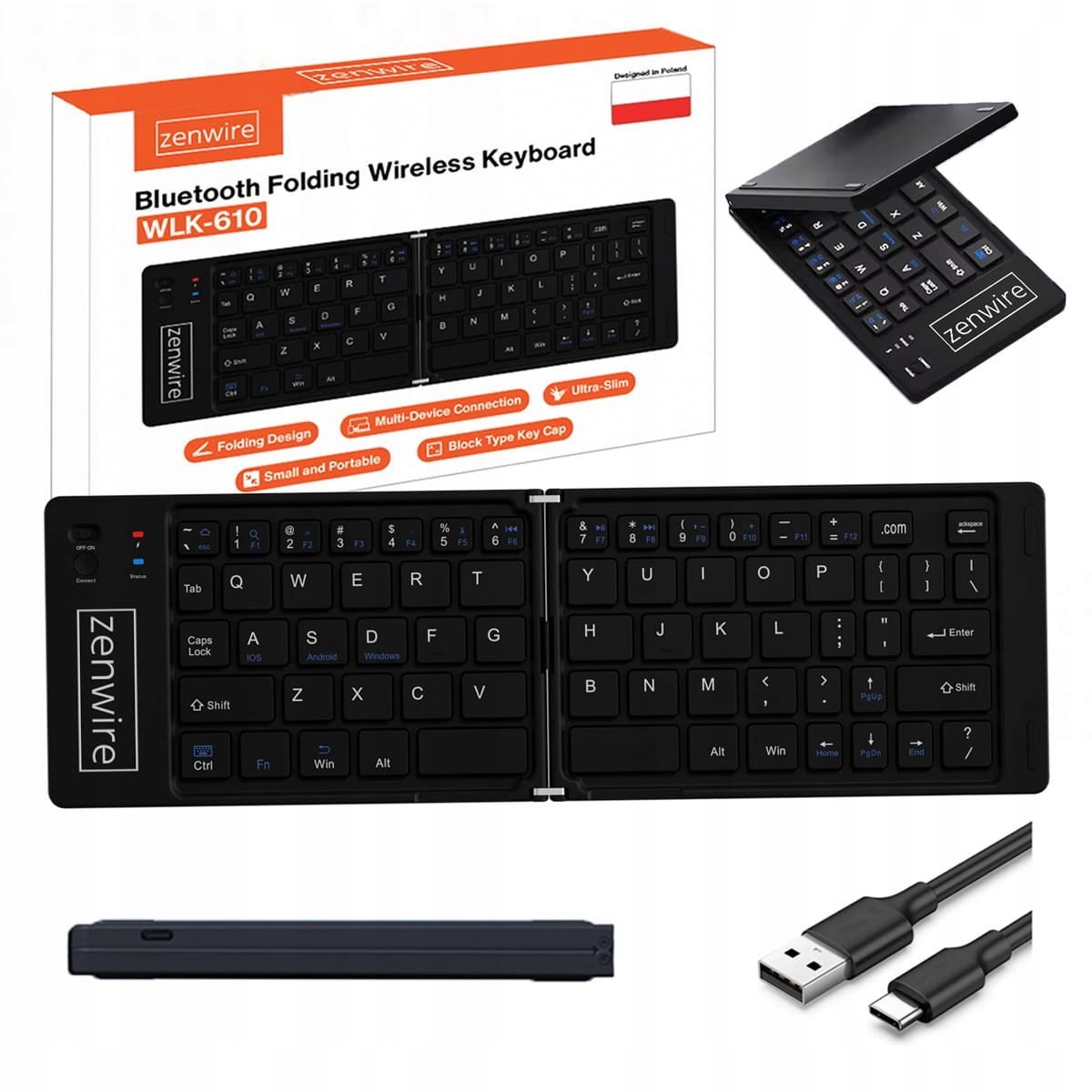 Tastierë palosëse Zenwire WLK-610, mini Bluetooth, USB C, e zezë