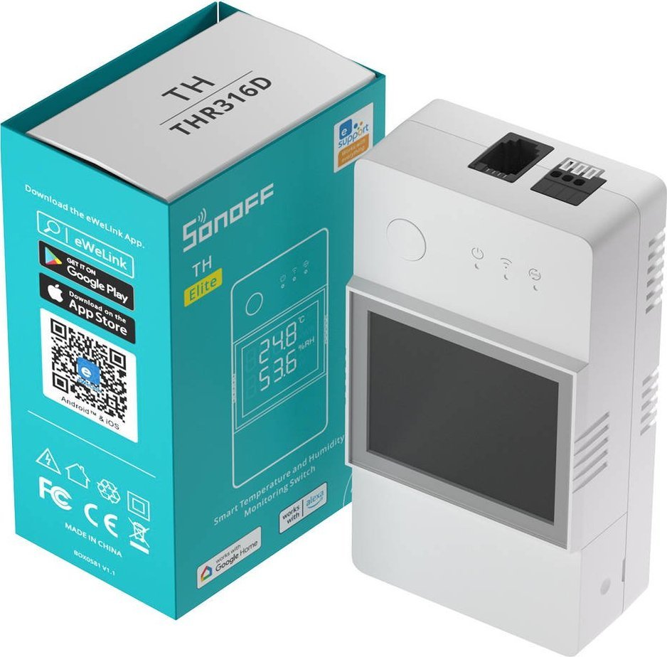 Rele inteligjente WiFi Sonoff TH Elite THR316D, matje temperature dhe lagështie, e bardhë