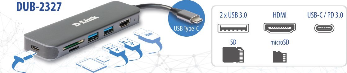 USB HUB Ди-Линк DUB-2327, 6 во 1, USB-C, HDMI, сива