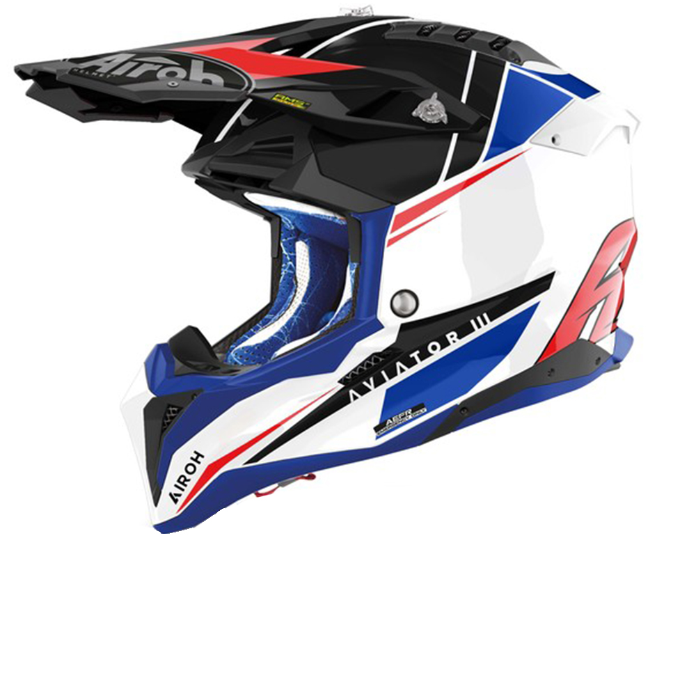 Helmetë motocross Airoh Aviator 3 Push, karboni, madhësia XS, e bardhë kuqe blu zi