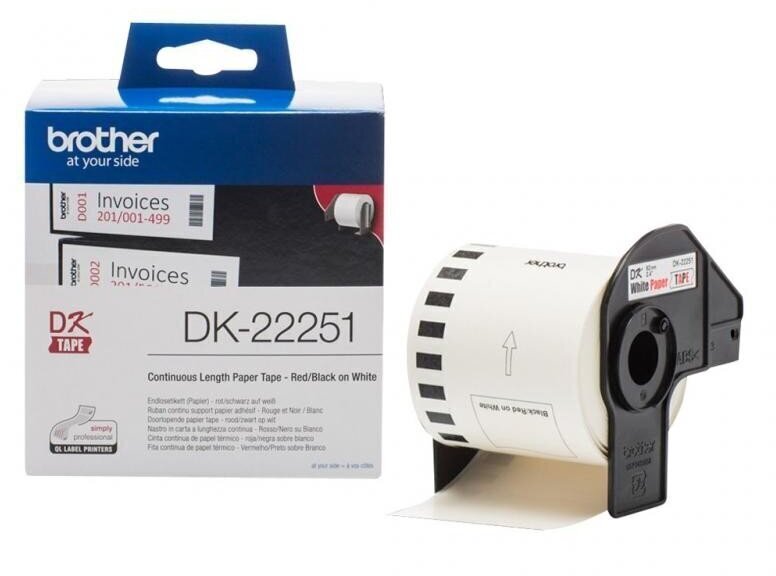 Rrip etiketash Brother DK-22251, 62mm, 15.24m, i bardhë me të kuqe dhe të zezë