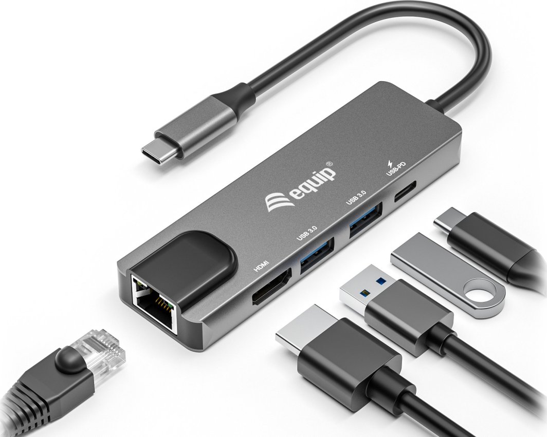 Adaptor USB C Equip 133489 5 në 1, HDMI, Gigabit LAN, 100W USB PD, gri