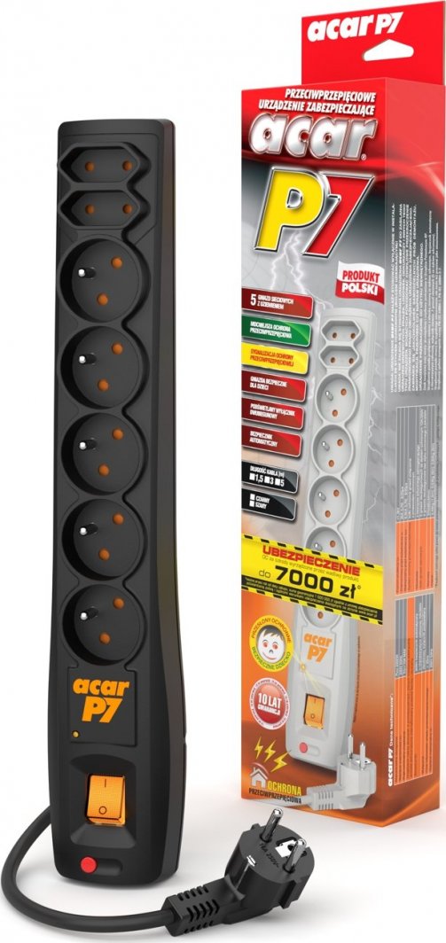 Kabllo zgjatuese Acar, 7 priza, e zezë