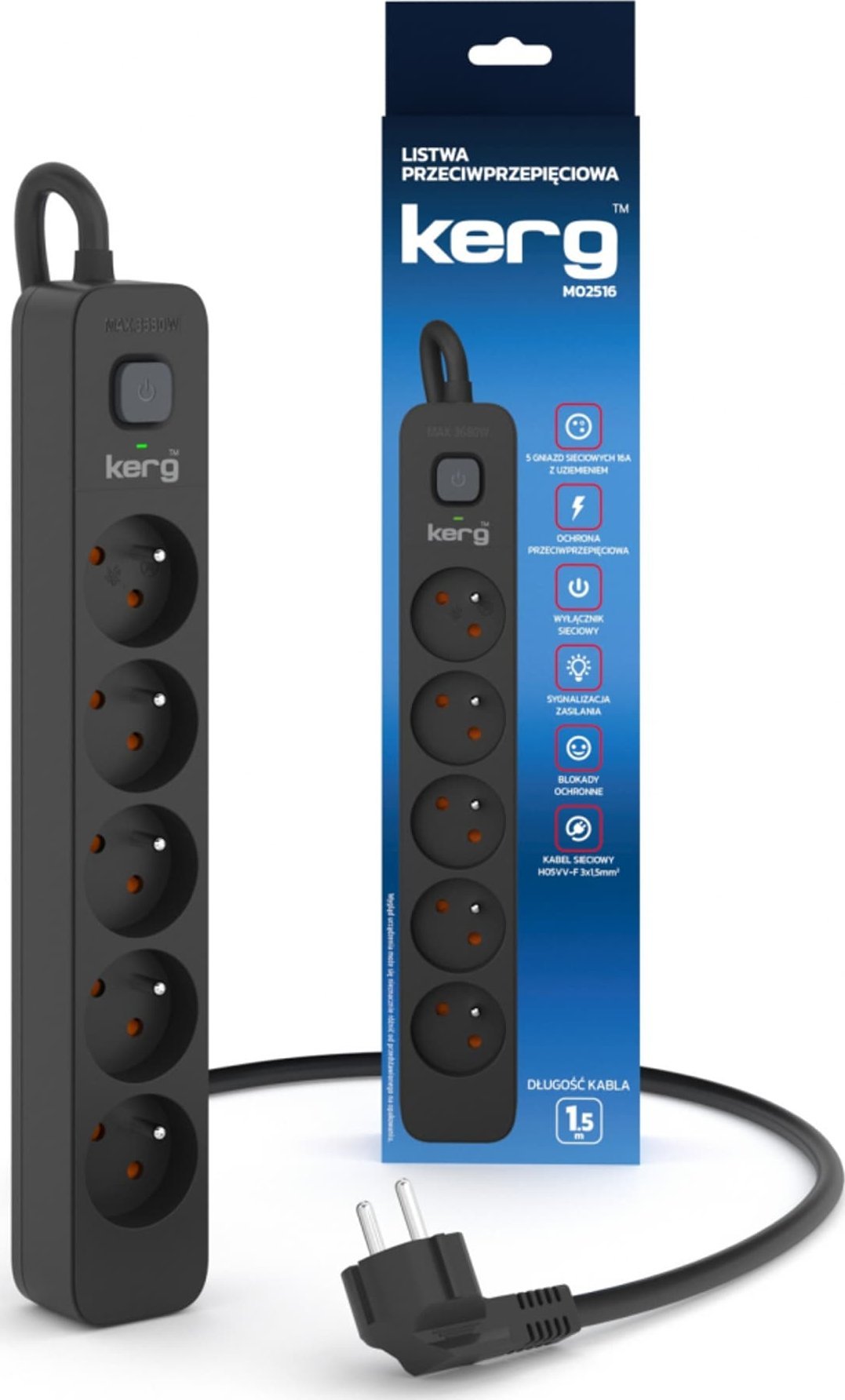 Shtepshkalist me mbrojtje nga mbingarkesa KERG, 5 dalje, kabllo 1.5m, i zi