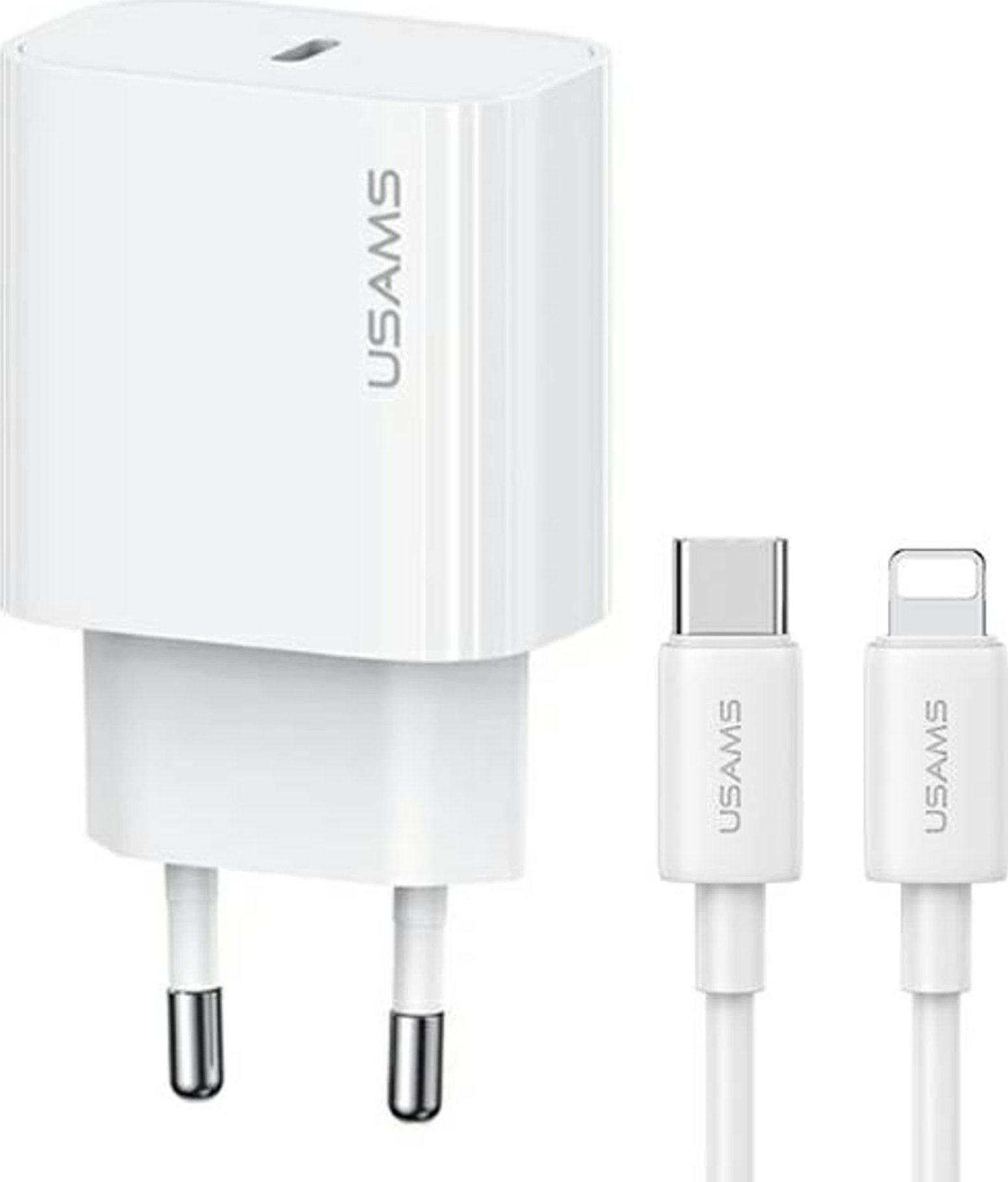 Мрежен полнач Usams T65 US-CC226, 1xUSB-C PD 20W, кабел USB-C Lightning 30W, бел