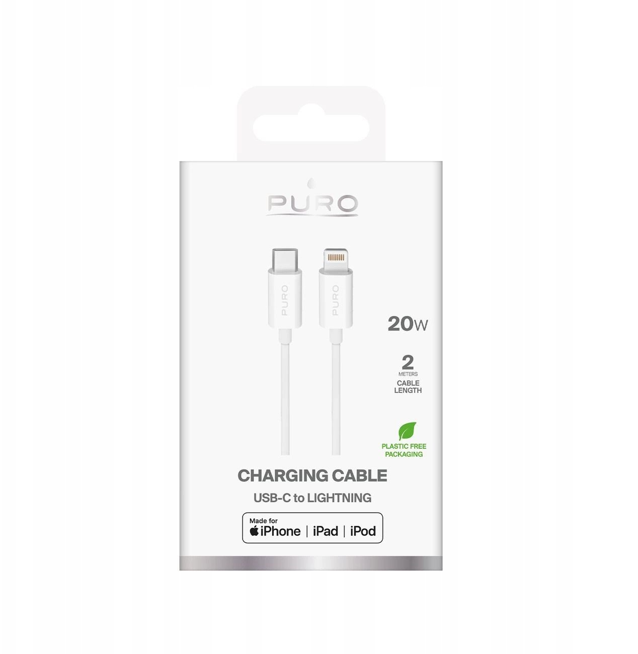 Kабел USB Puro TPE, USB C во Lightning, 2m, 20W, бела