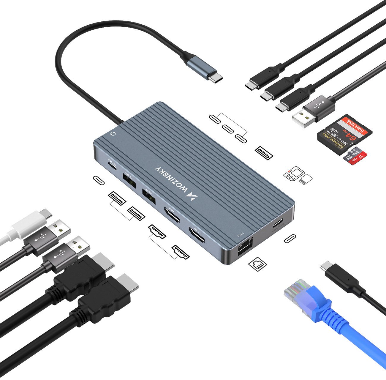 HUB USB C Wozinsky WDS03Y5S, 14 në 1, 3 monitorë 4K, 15 cm, gri