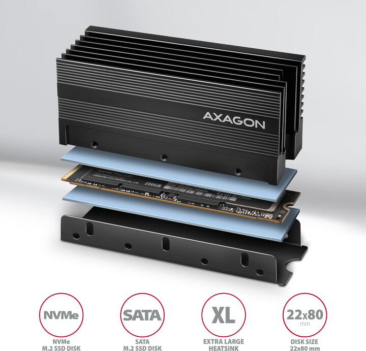 Ftohës pasiv alumini për diskun M.2 SSD të dyanshëm AXAGON LR-M2XL, 36 mm