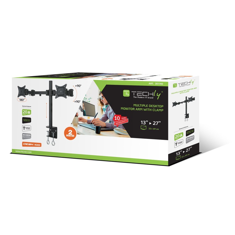 Mbajtëse për dy monitorë Techly, 13-27", 20 kg, VESA 75x75/100x100, e zezë