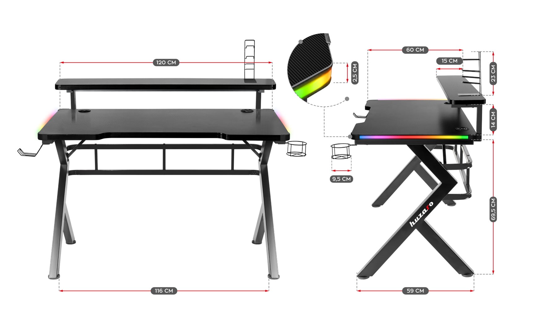 Tavolinë lojërash Huzaro Hero 5.0, 120x60 cm, 25 mm, RGB LED, e zezë