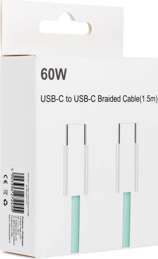 Kabllo USB C Fast Charge, 60W, 1.5m, 3A, e gjelbër