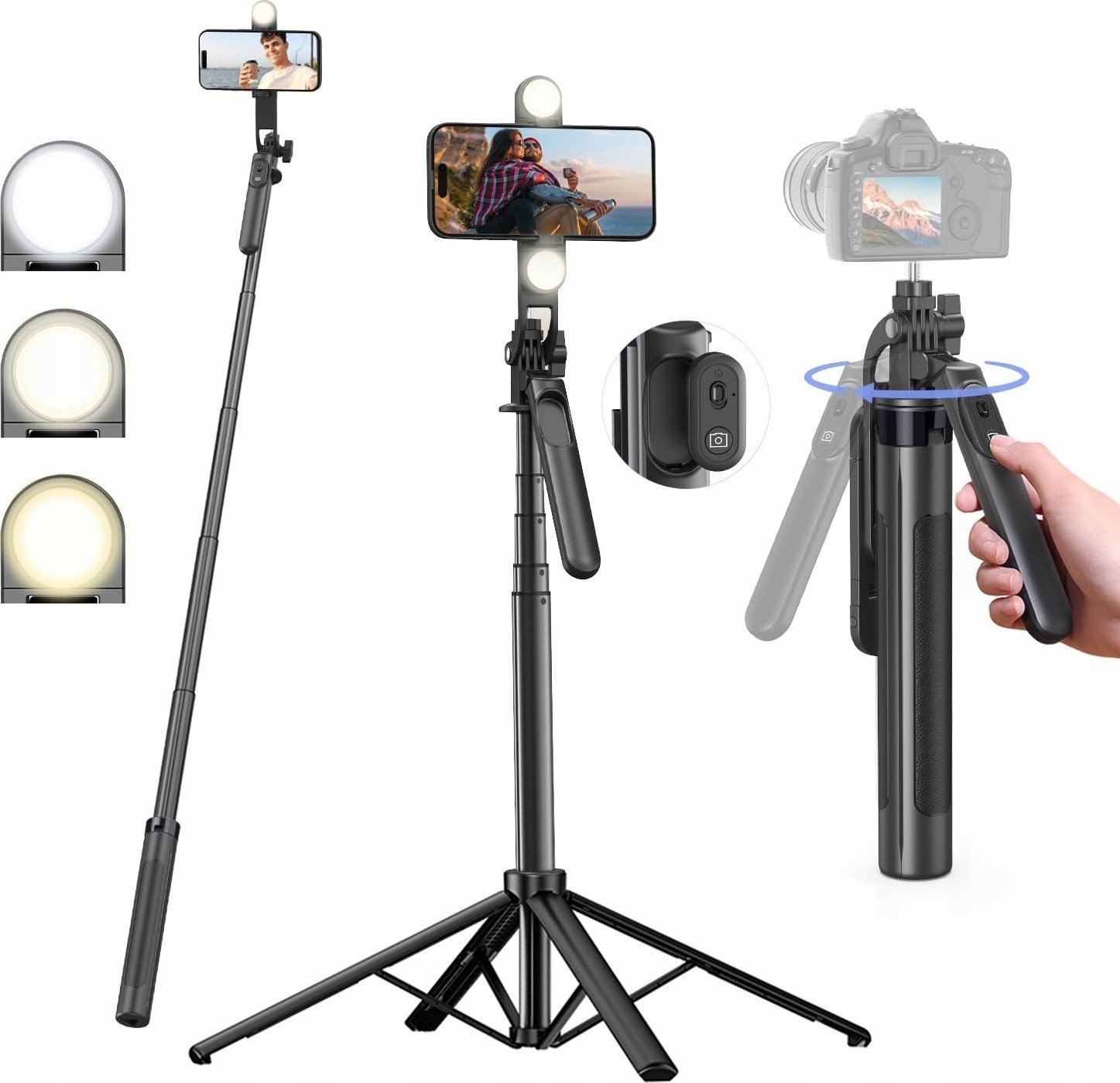 Selfie stick dhe tripod WH181D Y1S, 1.75 m, drita LED dyshe, i zi