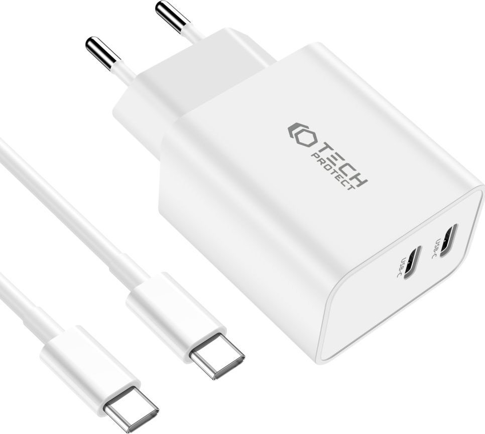 Полнач за мрежа Tech-Protect C35W, 2 порти USB-C PD 35W, со кабел USB-C 1m, бел