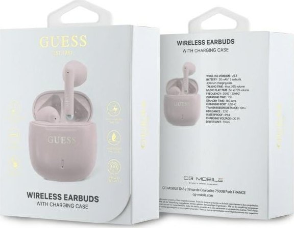 Kафе безжични Guess Classic Logo GUTWSJ14ESGP, TWS, Bluetooth 5.3, розова
