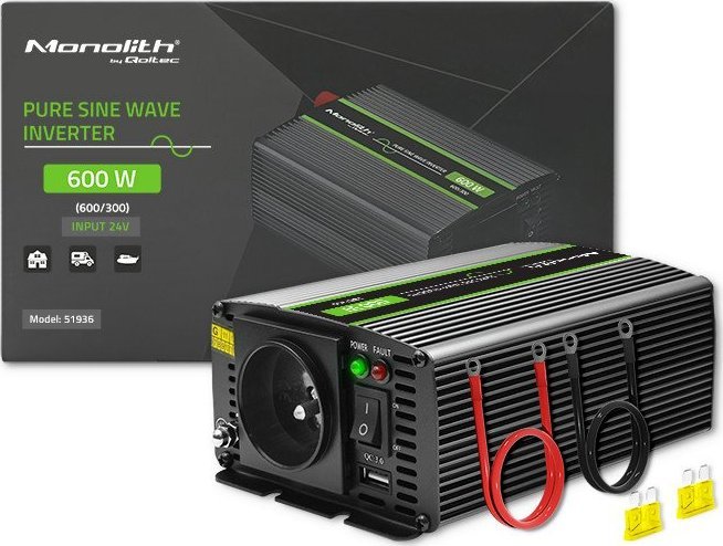 Инвертер на напон Qoltec Monolith 300W, од 24V во 230V, чист синусен бран