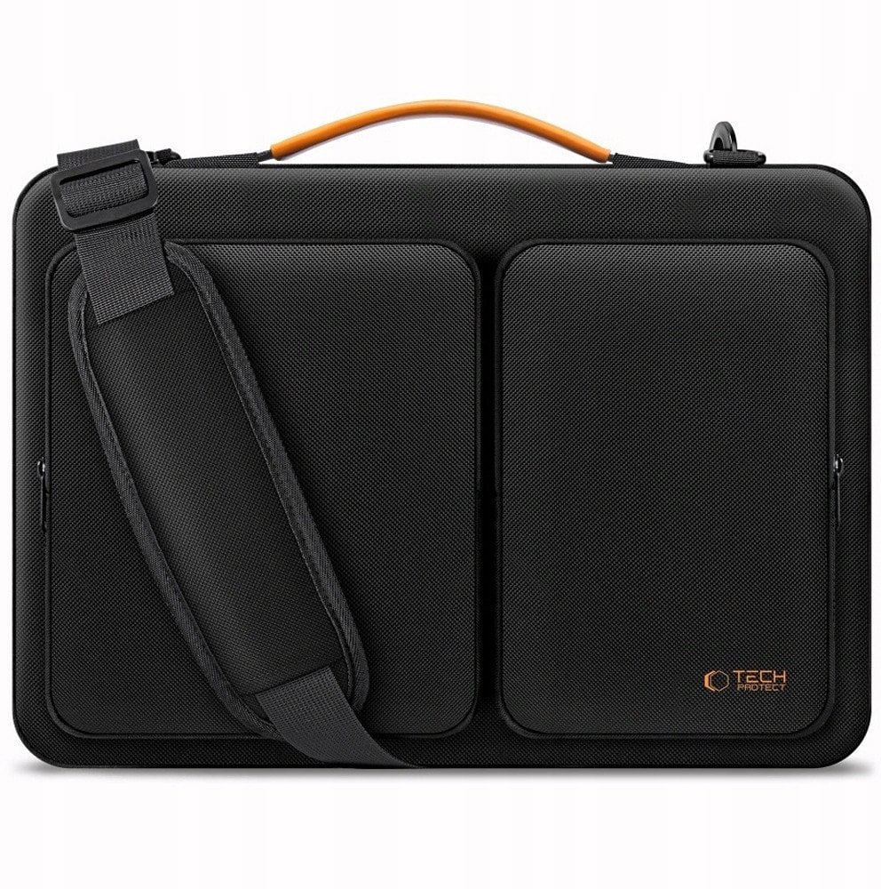 Торба за лаптоп Tech-Protect Defender Bag, 13-14\", џебови со патент, црна со портокалова