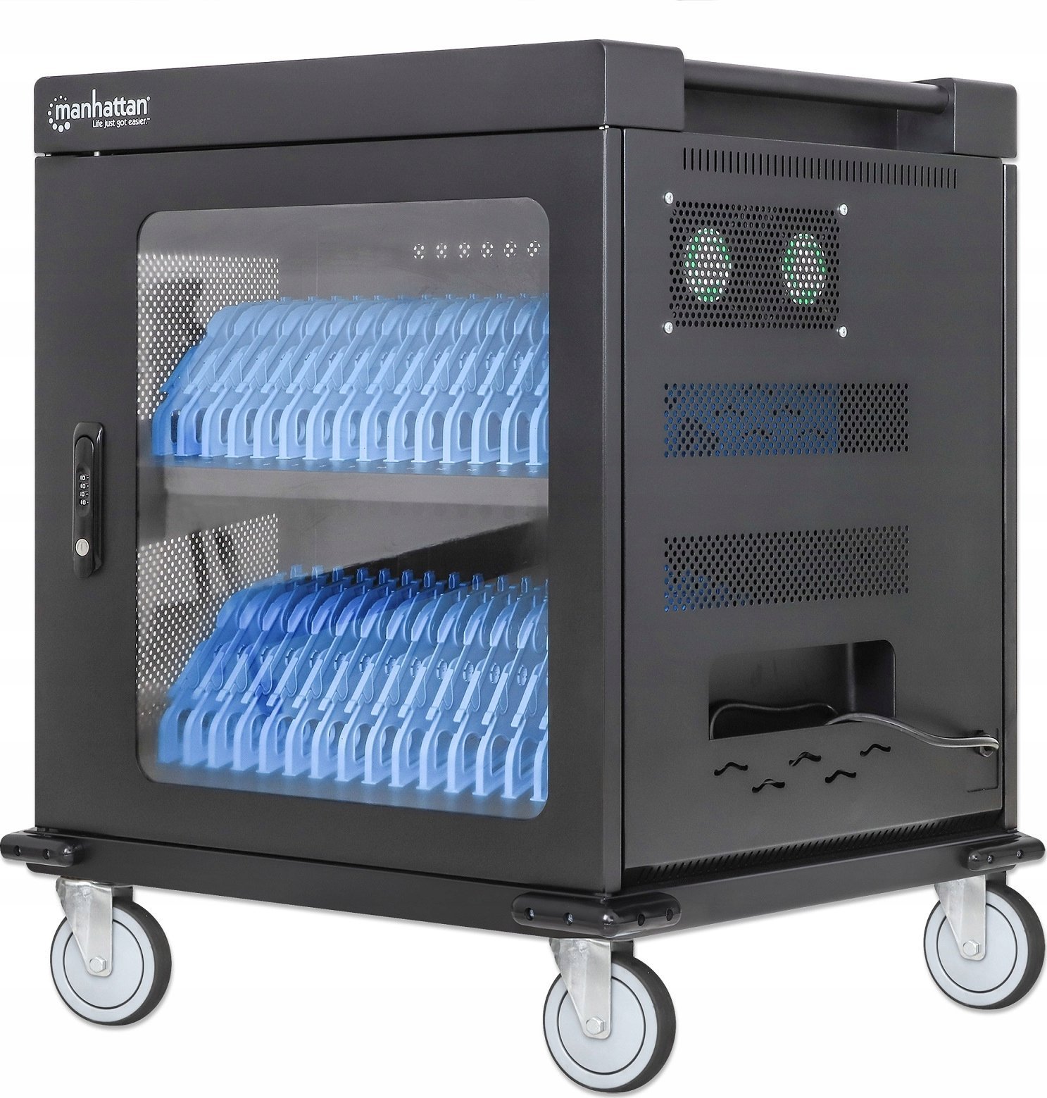 Karrocë karikimi Manhattan, për 32 pajisje, për laptopë deri 15.6", e zezë