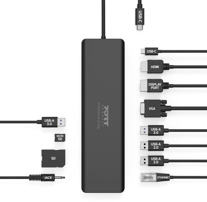 Docking station PORT CONNECT 11në1, 1x4K, RJ45, HDMI, Display Port, VGA, USB-C 100W, 4xUSB-A, micro / SD, i zi