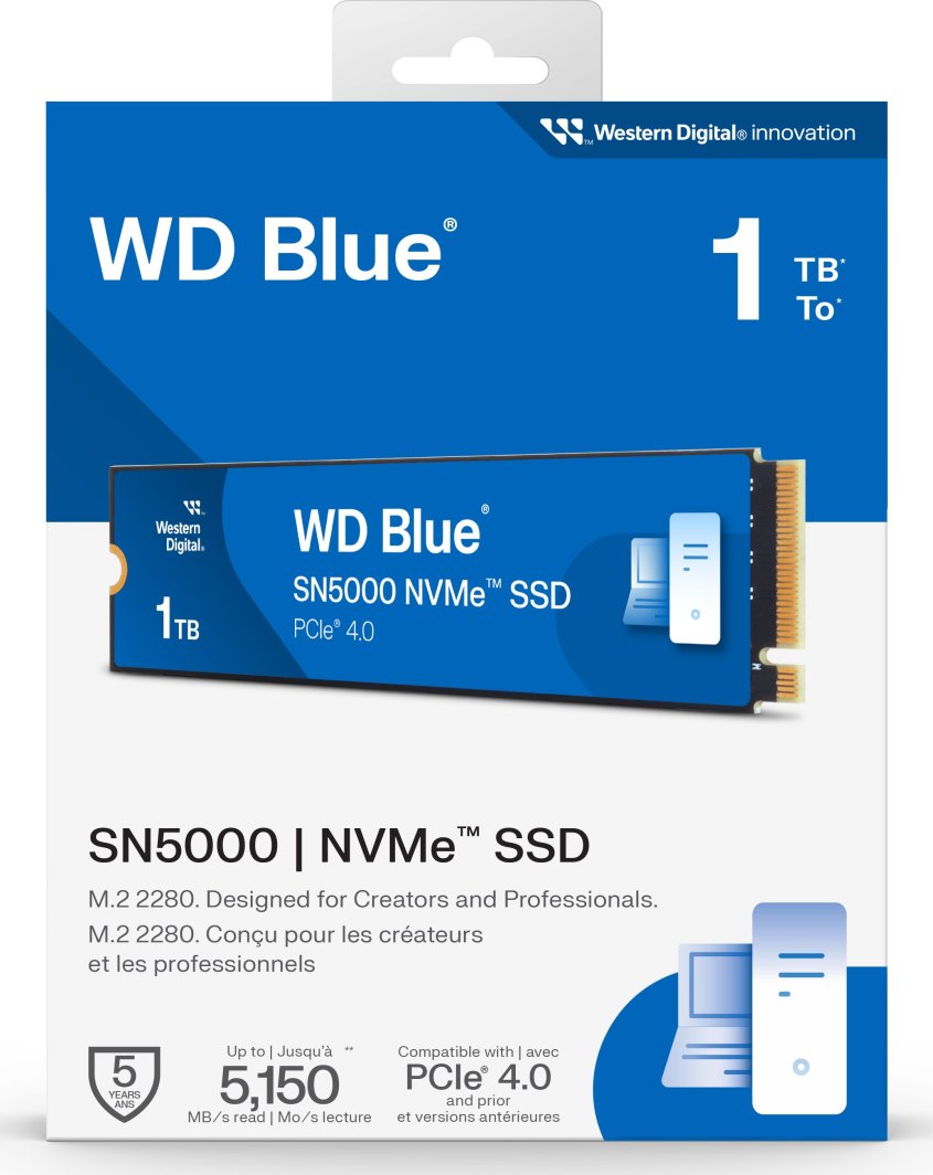 Disk SSD Western Digital Blue SN5000, 1 TB, PCIe Gen 4.0, 5150 MB/s, i kaltër
