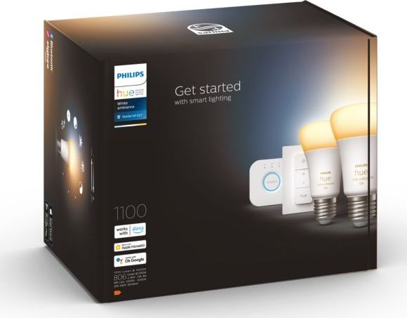 Set ndriçimi Philips Hue Starter Kit, Bridge, 2 llamba E27 8W White Ambiance, switch i bardhë
