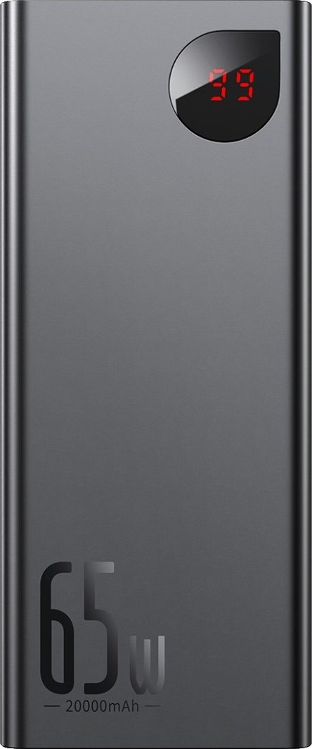 Powerbank me ekran dixhital Baseus Adaman Metal QC + PD, 20000mAh, 65W, i zi + kabllo USB-A/USB-C, 30cm, e zezë