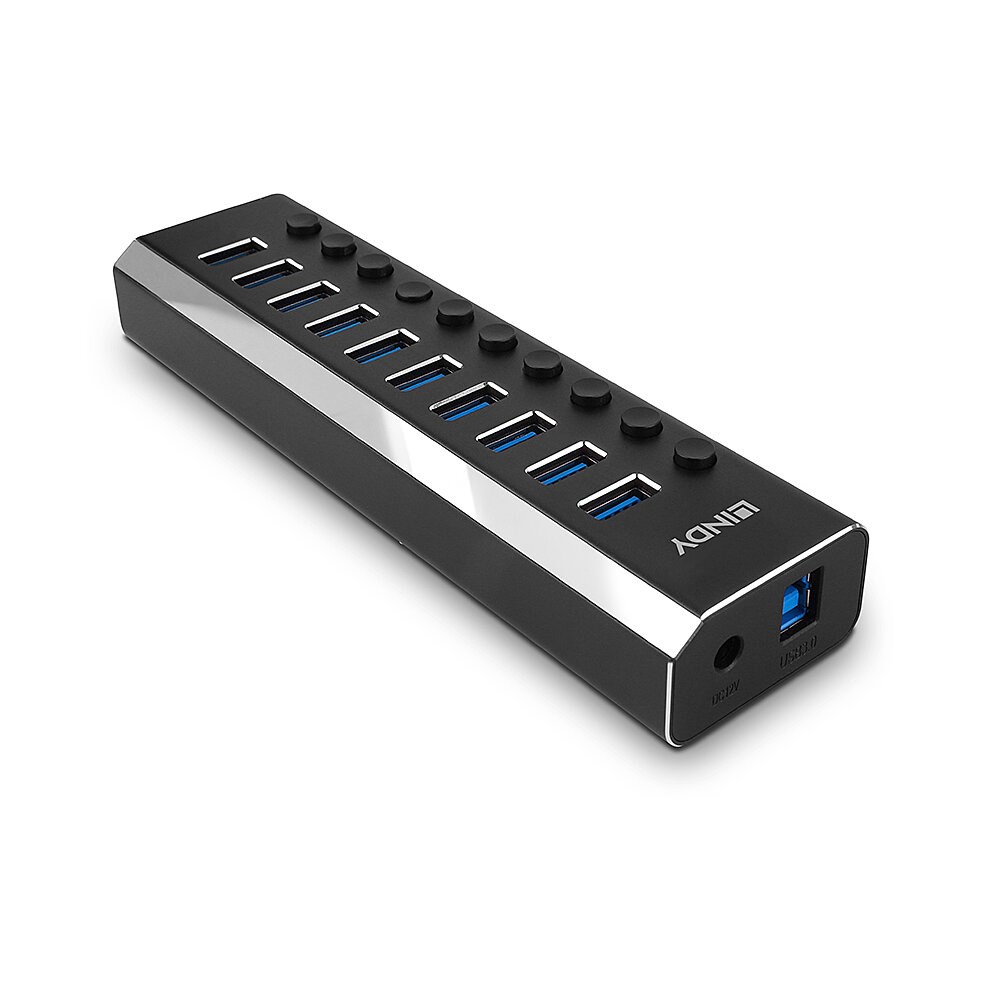 Qendër USB Lindy, 10 porte, 3.0, 5 Gb/s, e zezë