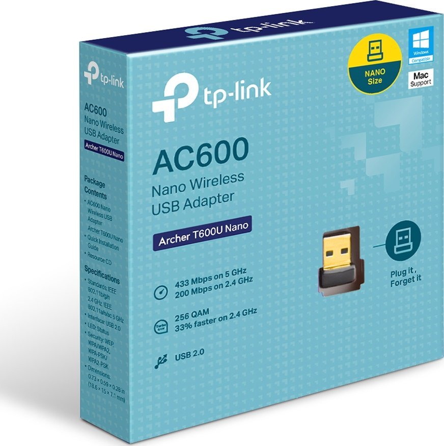 Wi-Fi адаптер TP-Link Archer T600U Nano, AC600, USB, црн