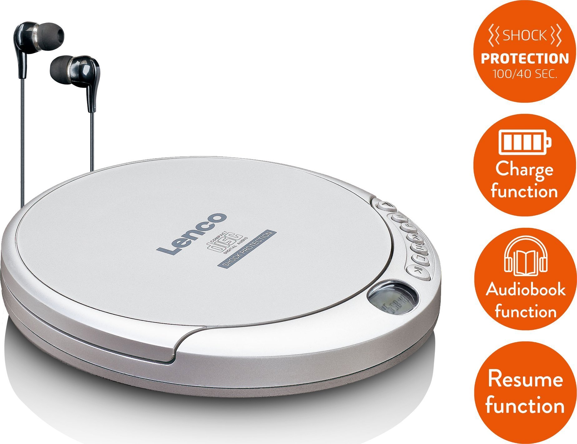 Пренослив CD плеер Lenco CD-201, MP3, LCD екран, сребрен