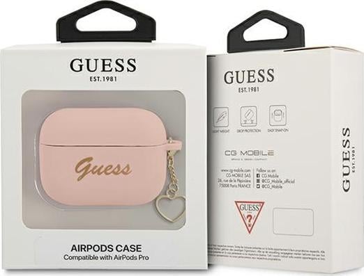 Këllëf silikoni Guess Charm Heart për AirPods Pro, me varëse, rozë