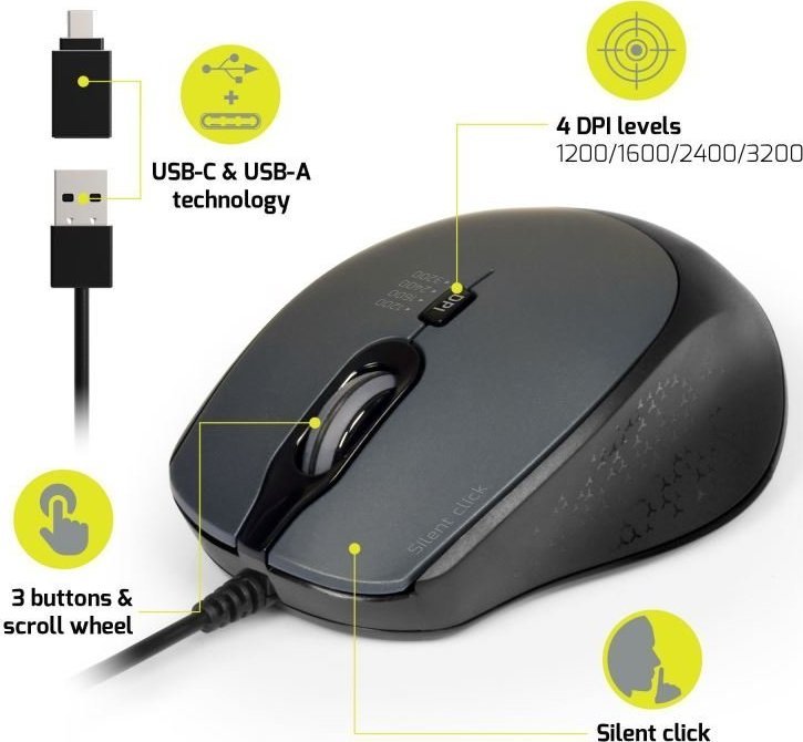 Maush Port Designs 900711, me kabllo, 3200 DPI, i zi