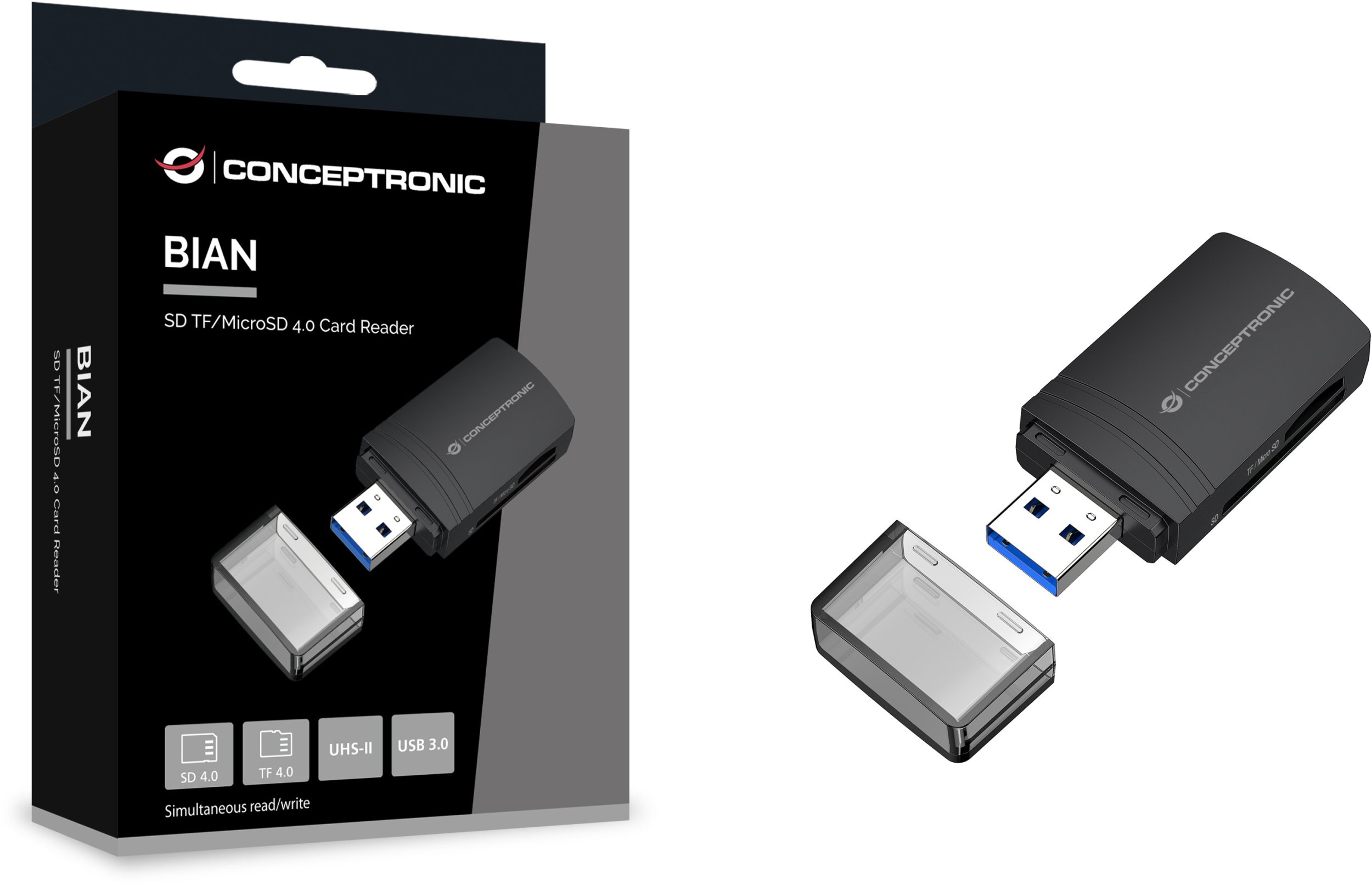 Читач на картички Conceptronic BIAN06B, USB 3.0, SD и MicroSD, црн