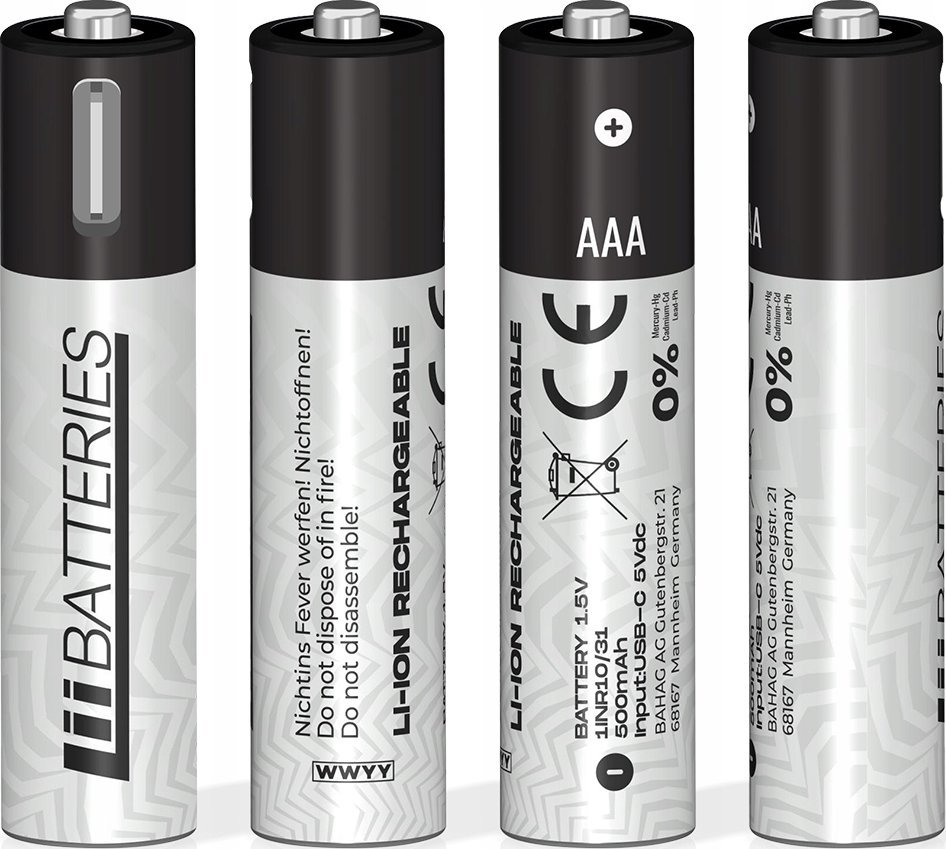 Bateri rikarikueshme AAA LiiBattaries Powerful, 500mAh 1.5V, USB-C, set 4 copë