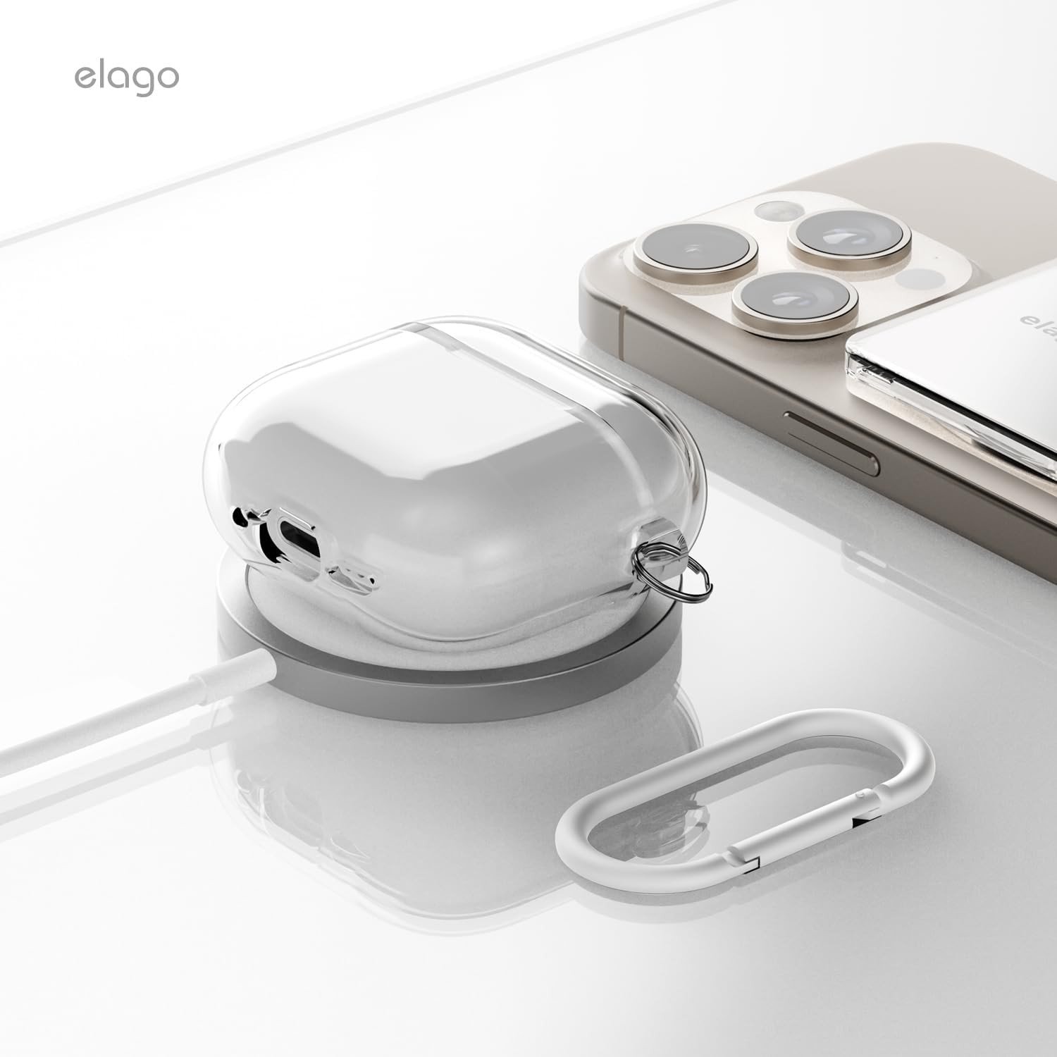 Mbulesë Elago Clear Case për AirPods 4, transparente, me karabinë