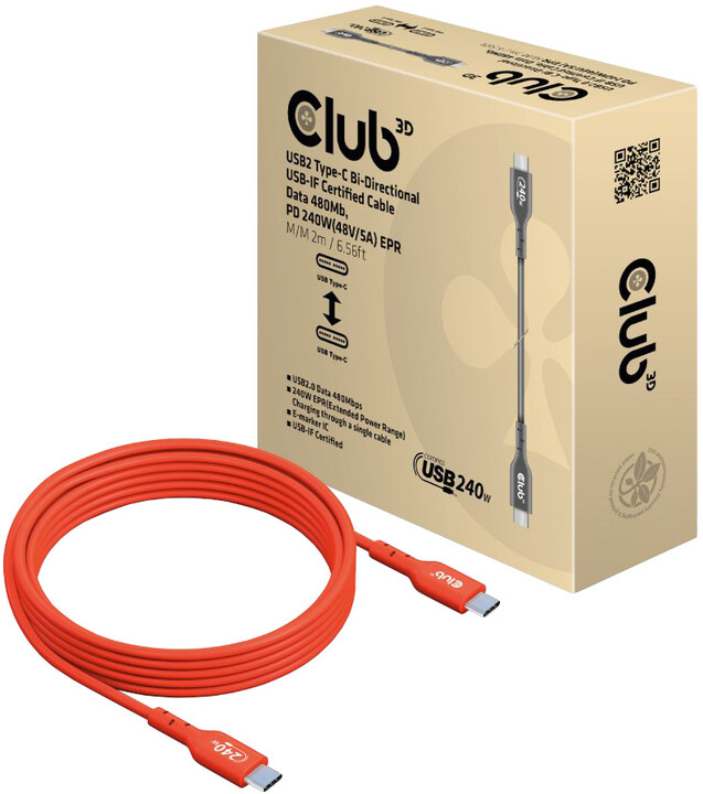 Kabllo Club3D USB-C, Data 480Mb, PD 240W(48V/5A) EPR, M/M, 2m