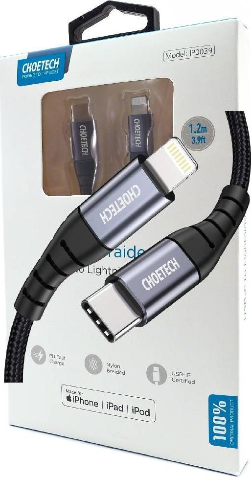Kabllo USB Choetech IP0039, USB C në Lightning, 1.2 m, e zezë