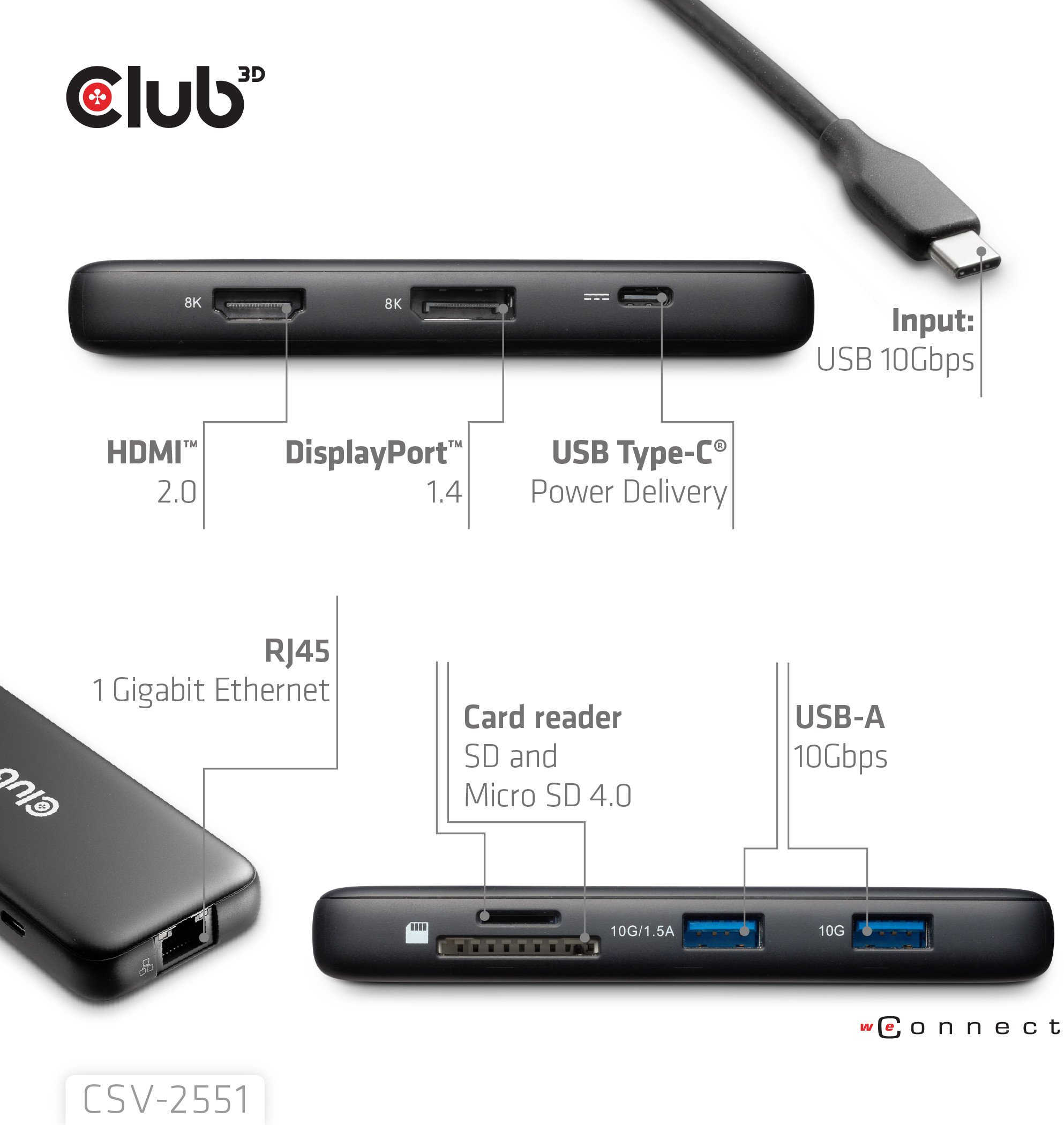 Stacion dokimi Club3D 8-in-1 USB Type-C, HDMI DP 8K, Power Delivery 100W, gri
