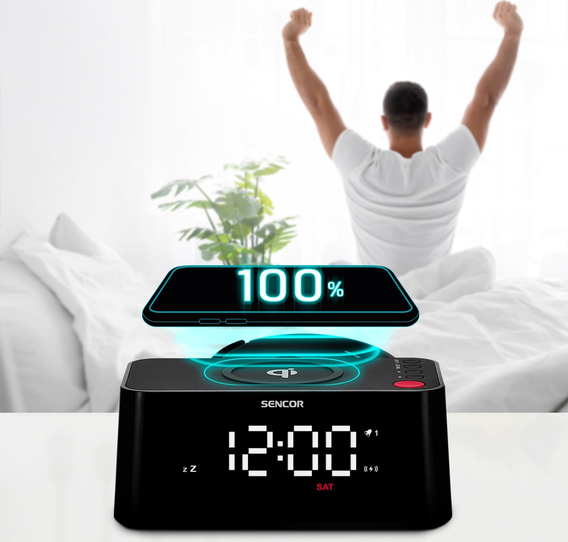 Дигитален аларм часовник Sencor, безжичен полнач 10W, USB, црн