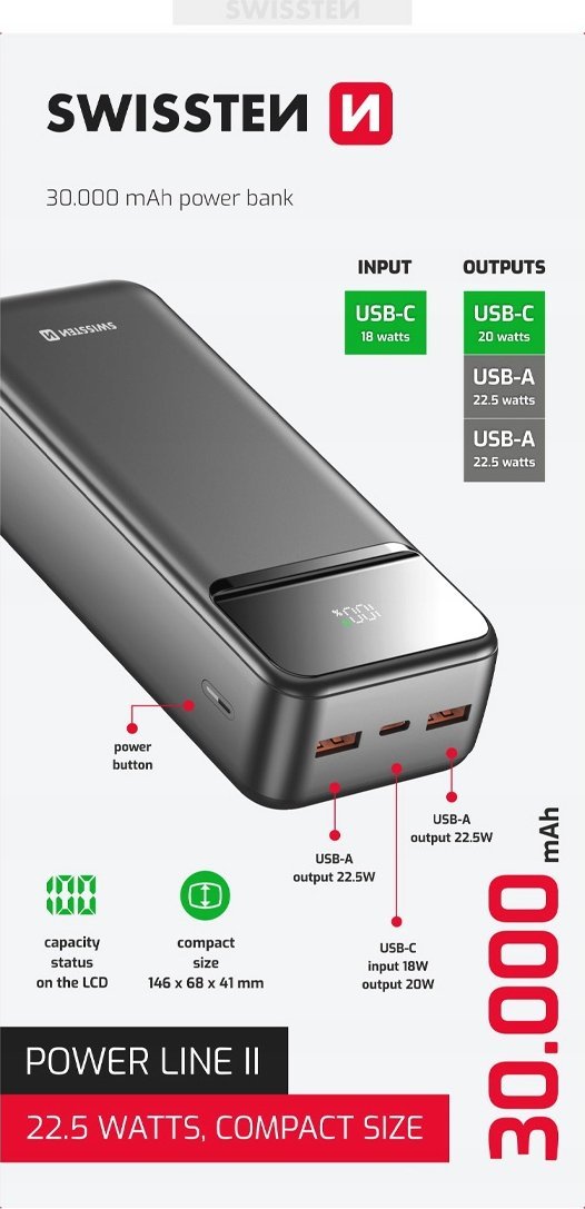 Powerbank Swissten Power Line 30000mAh, 22.5W, USB C dhe USB A, i zi, set 2 copë
