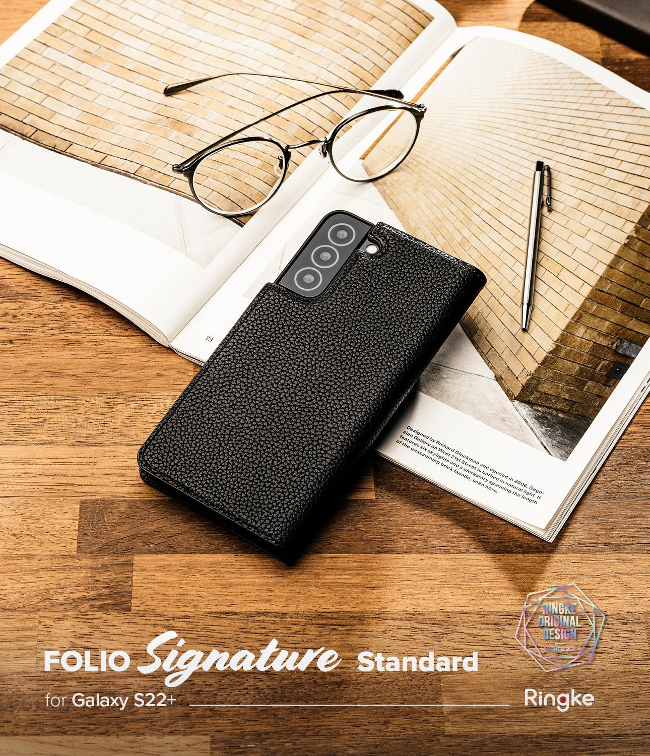Etui folio Ringke Folio Signature për Samsung Galaxy S22 Plus, lëkurë artificiale, me xhep për karta, i zi