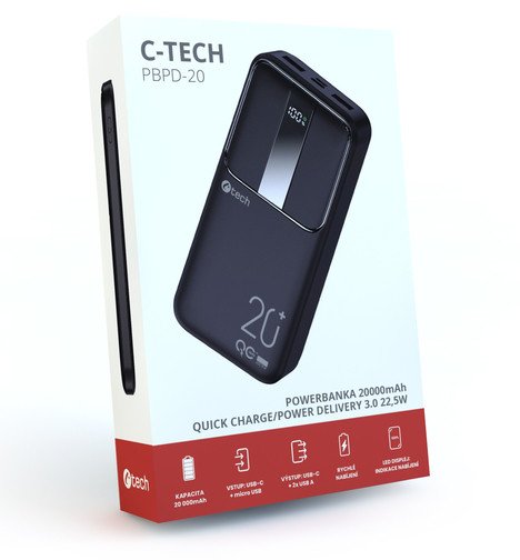 Power bank C-Tech 20000mAh, 22.5W, USB C dhe USB A, i zi